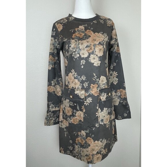 AND Longsleeve Mini Gray Floral Print Shift Dress Faux Suede Fall 90’s-8 - Picture 3 of 13